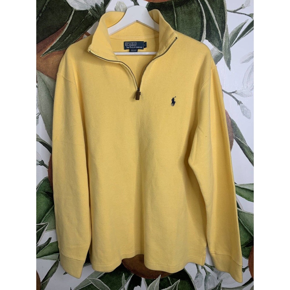 Polo by Ralph Lauren Large Yellow 1/4 Zip Ribbed Pullover Sweater Cotton